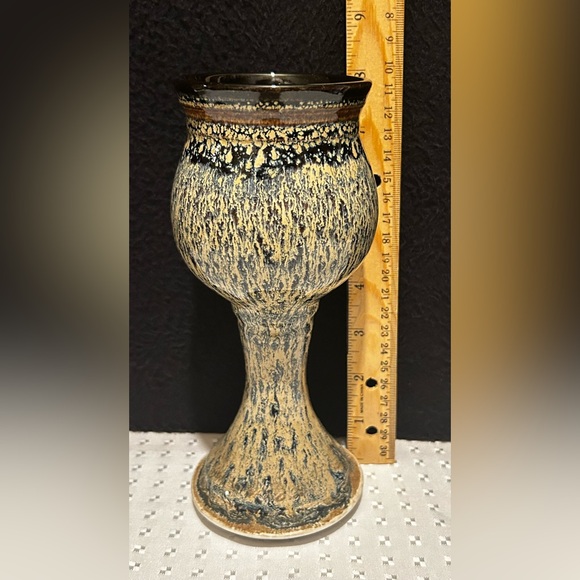 2 Hand Thrown Stoneware Studio Pottery Pedestal Chalice Cup Goblet Blue Brown - Picture 8 of 9